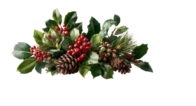 Christmas floral arrangement with holly, mistletoe, and pine cones, isolated on a white background
