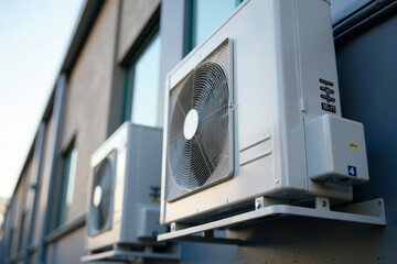Capturing the Sleek Design and Energy-Efficient Features of a Mini Split Heat Pump Air Conditioner Unit with an Industrial Building as a Backdrop in a Close-Up Shot.