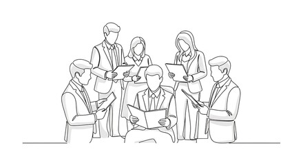 Continuous line drawing of a diverse business team collaborating, discussing documents and ideas. Minimalist monochrome illustration representing teamwork and professional communication.