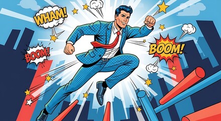 Dynamic comic book style illustration of a businessman superhero leaping through a city, with action sound effects 'WHAM!' and 'BOOM!'. Represents energy, success, and corporate power.