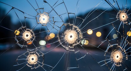 Bullet Holes in Shattered Glass at Night.