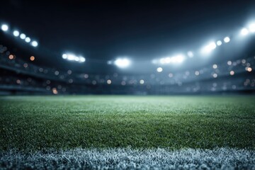 Green Grass Field Under Bright Stadium Lights At Night With Blurred Background