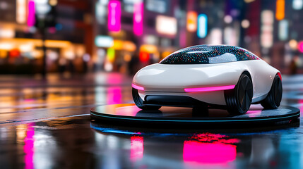 Futuristic concept car displayed on a rotating platform in a neon-lit urban environment at night