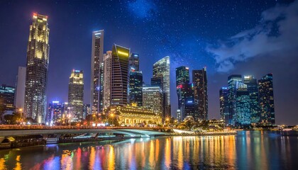 Naklejka premium Hong Kong's urban skyline with its illuminated skyscrapers and their reflections in the water