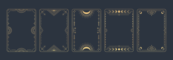Vintage tarot frame collection with moon phases and celestial ornaments for mystical card design. Golden borders with sun rays, stars and geometric patterns on dark background. Esoteric templates.