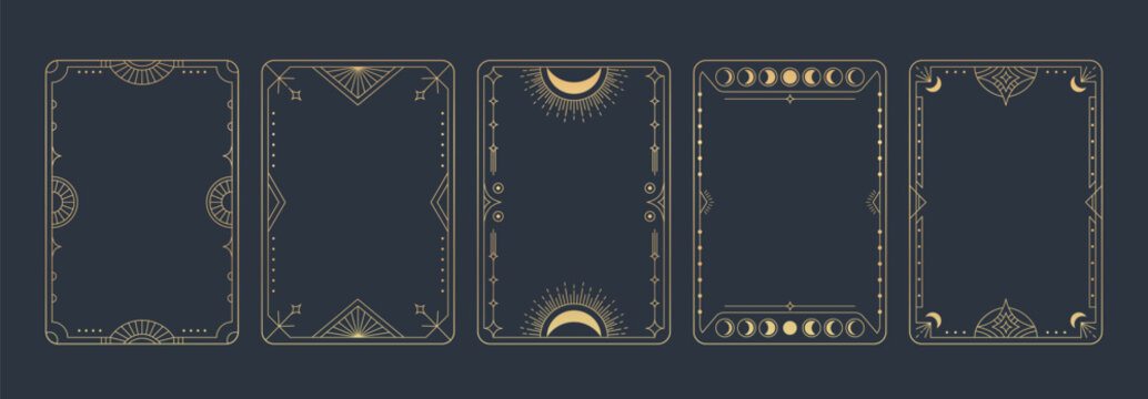 Vintage tarot frame collection with moon phases and celestial ornaments for mystical card design. Golden borders with sun rays, stars and geometric patterns on dark background. Esoteric templates.