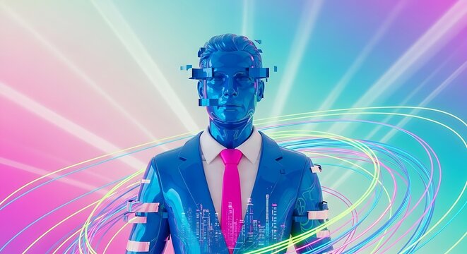 Futuristic AI businessman with glitch effect on a vibrant neon background with abstract lines. Represents digital transformation, technology, data, and the future of business and artificial intelli...