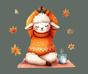 Lamb sitting in lotus position, yoga, mat, autumn, leaves, watercolor style, vector, hand drawn.
