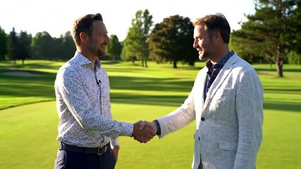 Professional men shake hands outdoors, symbolizing partnership and success in a vibrant green environment.