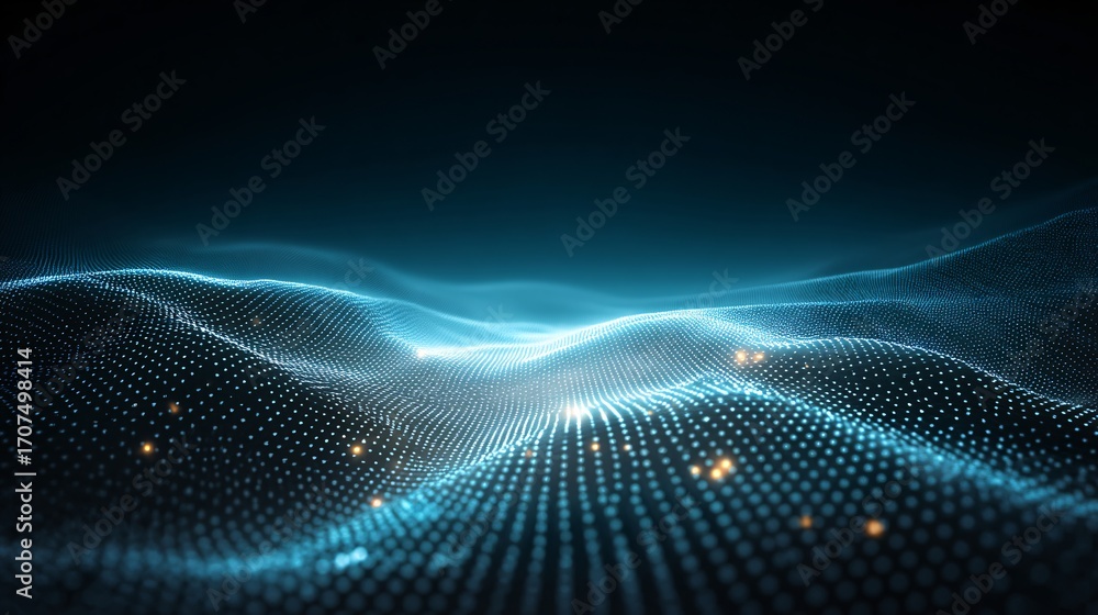 Poster abstract glowing wave of dots forming big data visualization, minimal clean design, copyspace