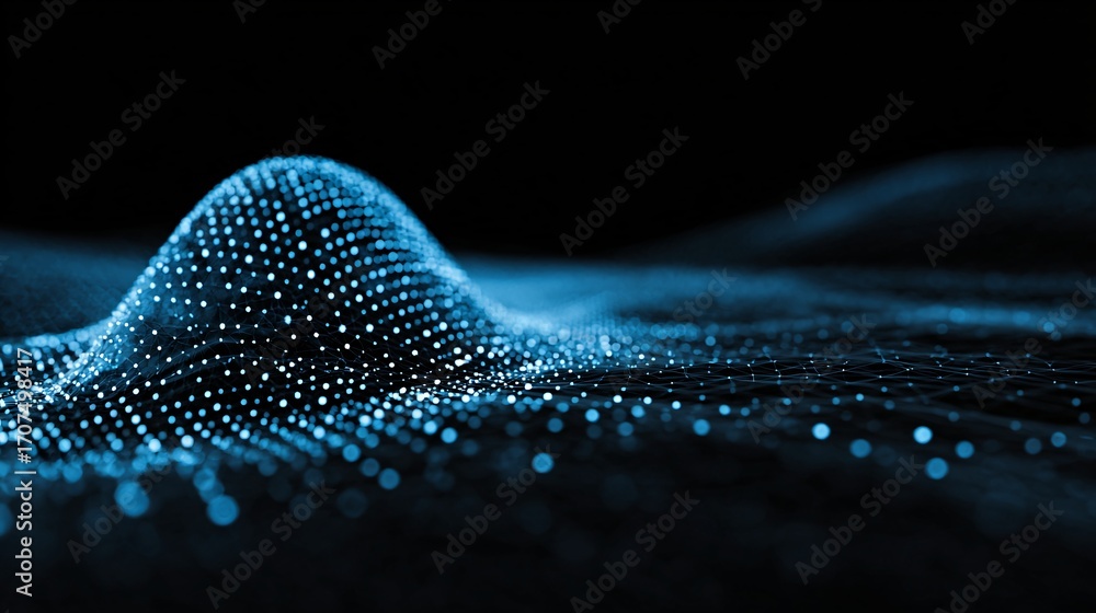 Poster abstract glowing wave of dots forming big data visualization, minimal clean design, copyspace