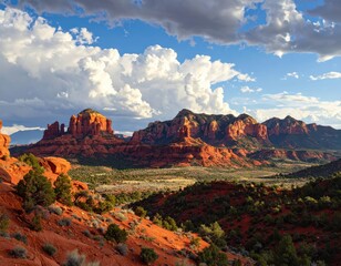 Fototapeta premium A breathtaking vista of red rock formations bathed in the warm light of the setting sun, showcasing dramatic cloudscapes and a vast valley below.