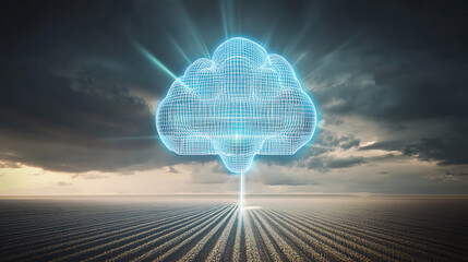Digital cloud network glowing above a vast field under dramatic sky