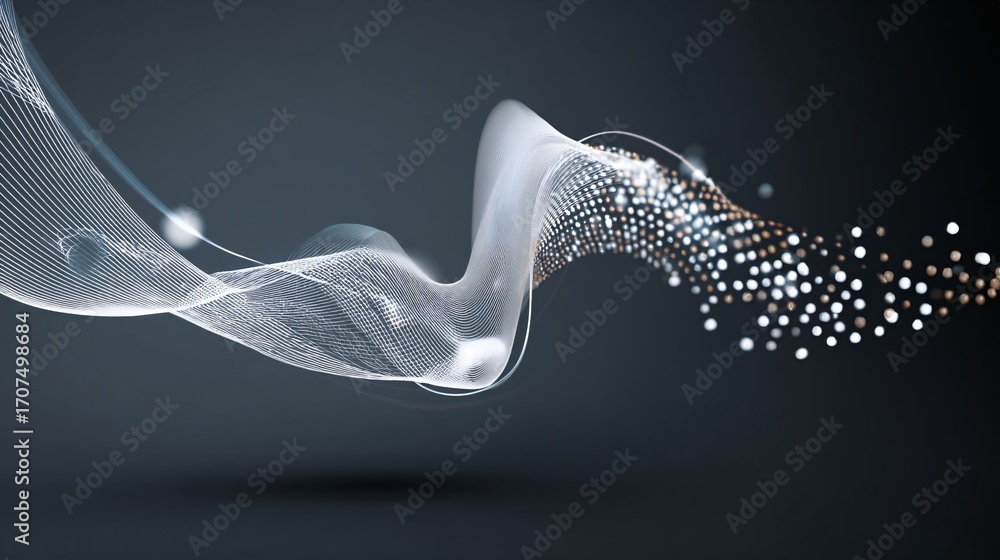 Poster abstract glowing wave of dots forming big data visualization, minimal clean design, copyspace