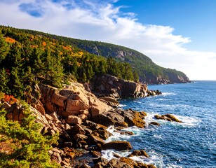 Autumn coastal landscape with rocky shore
