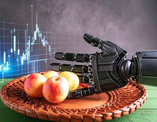 Robotic hand holding fruit on a plate, with a financial chart overlay