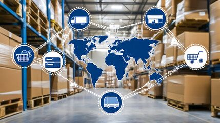 Global supply chain network illustrated with logistics icons in a warehouse setting