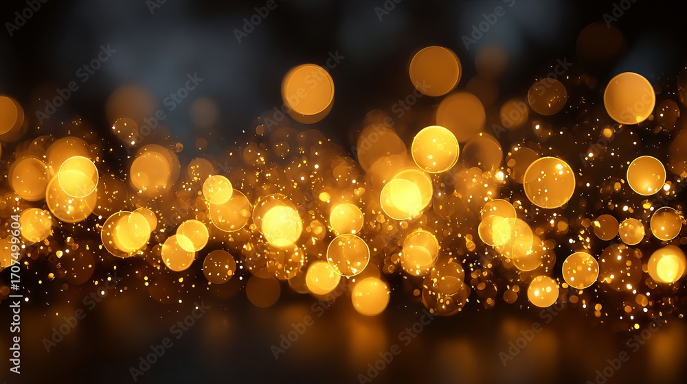 Poster golden glitter bokeh lights background with large soft orbs dreamy festive glow dark abstract sparkl