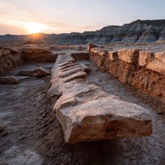 Eroded desert landscape with rock formations at sunset.