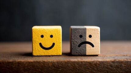 Mental health and emotional state, Smile face in bright side and sad face in dark side on wooden block cube for positive mindset selection, expression, mask, bipolar, generate by AI