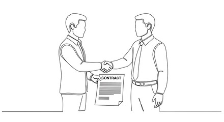 Continuous line drawing of two businessmen shaking hands over a contract, symbolizing a successful business agreement, partnership, or deal completion.