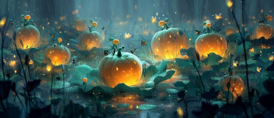 Enchanted pumpkin field on a magical night, with glowing flora illuminating mysterious nocturnal