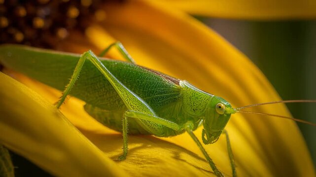 Bright green katydid resting on sunflower petal, luminous in warm sunlight