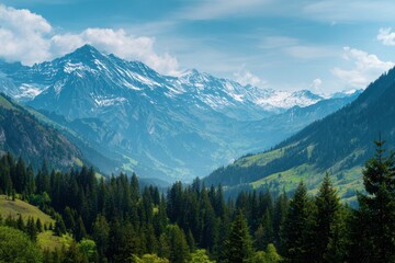 Swiss Alps mountain range with lush forest valleys and meadows, countryside in Switzerland landscape. Snowy mountain tops in the horizon, travel destination wallpaper background See Less