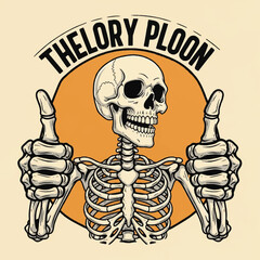 A vintage-style illustration of a cheerful skeleton giving two thumbs up, with 'THELORY PLOON' text in a banner.