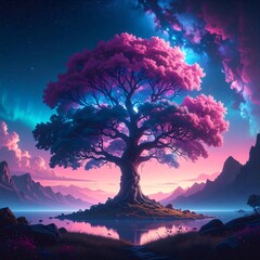 Vibrant pink tree on island, starry night,  colorful landscape