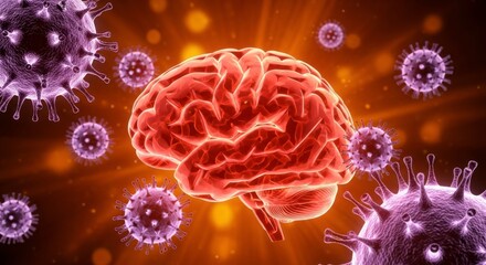 Illustration of a human brain surrounded by virus cells on an orange background