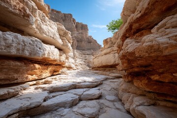 Canyon landscape with layered rocks under a bright blue sky