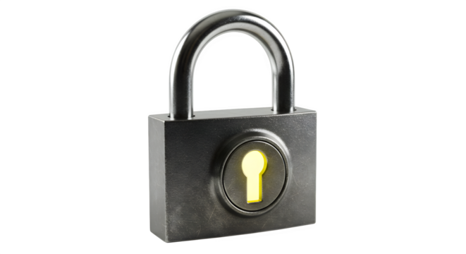 Silver metal padlock glows, shows security concept. Illustrates data protection, privacy, or safety. Ideal for technology branding, presentations, or posters.