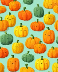 Whimsical autumn harvest pattern of cheerful pumpkins on a serene transparent backdrop delight