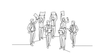 Continuous line art of business people, some holding blank signs in protest or presentation, others reviewing documents. A minimalist depiction of corporate communication or demonstration.