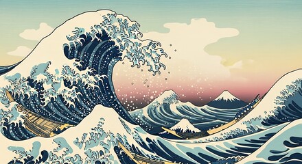 Iconic Japanese ukiyo-e art depicting a colossal wave threatening fishing boats with Mount Fuji in the background. A timeless masterpiece of nature's power and human struggle. © supra