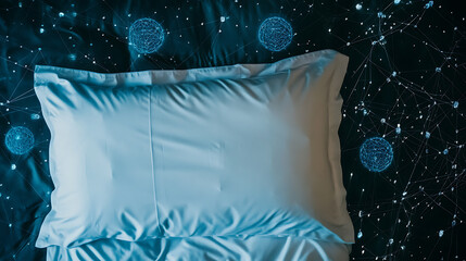 A white pillow on a dark surface with a cosmic, network-like background featuring glowing spheres and interconnected lines.