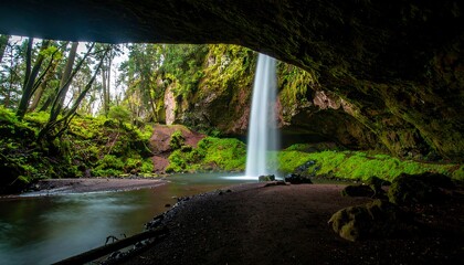 Waterfall cascading into a mossy cave