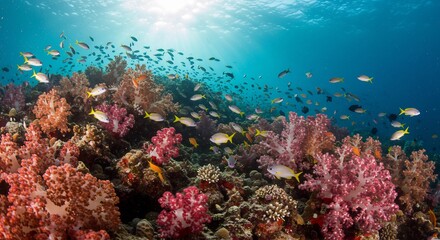 Fototapeta premium 輝くサンゴ礁 鮮やか色彩 熱帯魚群泳ぐ 海中楽園. AI Generated