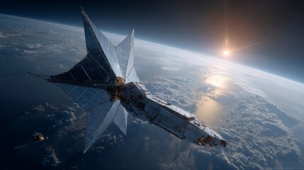 Solar Sail Spacecraft Deploying Enormous Reflective Panels in Orbit