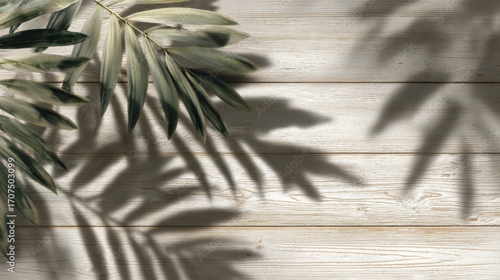 Poster elegant wooden surface enhanced by soft palm leaf shadows creating a calm atmosphere
