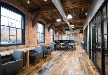 Fototapeta premium Interior View Of A Modern Office Space Featuring Exposed Brick Walls Wooden Flooring And Natural Lighting