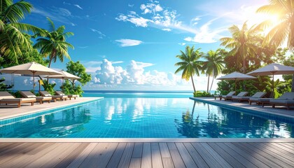 Fototapeta premium Swimming pool in a luxurious tropical resort with palm trees, a perfect vacation paradise