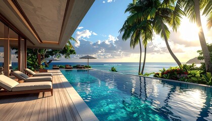 Fototapeta premium Swimming pool in a luxurious tropical resort with palm trees, a perfect vacation paradise