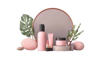 Pink cosmetic products, round mirror, natural elements