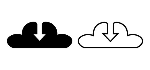 Cloud download vector icon, two styles of cloud icons, one solid black and one outline. Simple, modern symbol for data transfer and cloud storage on a white background.