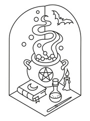 Halloween. Cauldron with potion. Coloring page for children. Cute spooky corner.