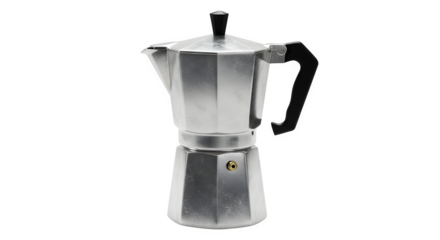 Metallic Moka pot shines on black. Kitchen appliance. Useful for product staging, mockups.
