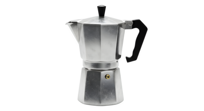 Metallic Moka pot shines on black. Kitchen appliance. Useful for product staging, mockups.
