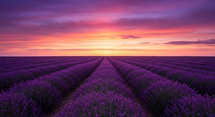 Obraz premium 夕焼け染まるラベンダー畑 穏やかな光広がる 美しい風景. AI Generated